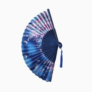 Abanico Azul Oscuro con Diseño Floral y Mariposas