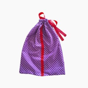 Funda para Zapatos de Tela Morada con Lunares Blancos y Cierre de Cordón Rojo