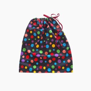 Funda para Zapatos de Tela Negra con Lunares Multicolores y Cierre de Cordón Rojo