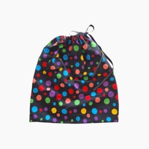 Funda para Zapatos de Tela Negra con Lunares Multicolores y Cierre de Cordón Negro