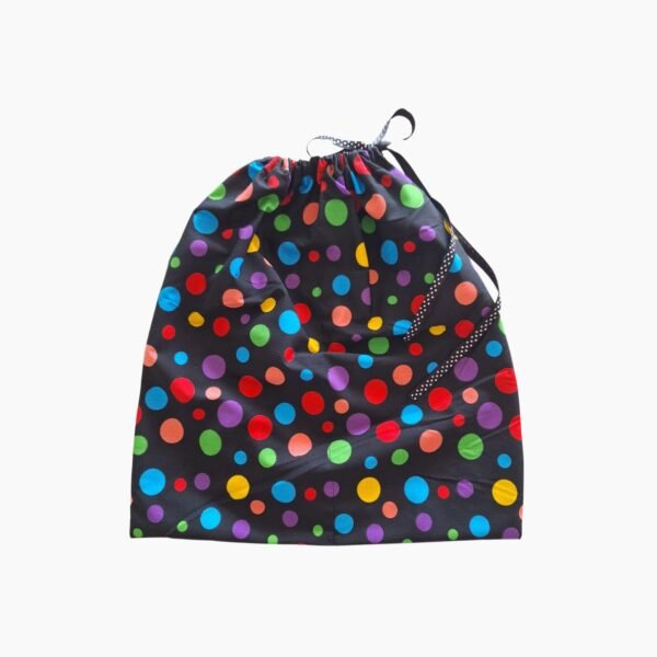 Funda para Zapatos de Tela Negra con Lunares Multicolores y Cierre de Cordón Negro