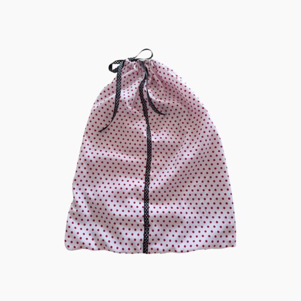 Funda para Zapatos de Tela Rosa Claro con Lunares Rojos y Cierre de Cordón Negro