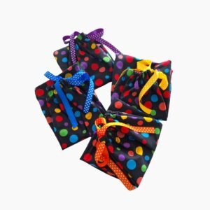 Fundas para Castañuelas de Tela Negra con Lunares Multicolores y Cierres de Cordón de Colores
