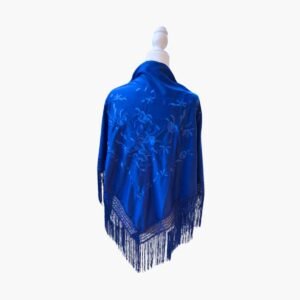 Mantón Azul Cobalto con Bordado Floral y Flecos
