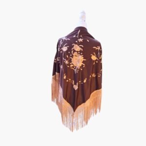 Mantón Marrón Café con Bordado Beige y Flecos Beige