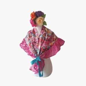 Mantoncillo de Tela Estampada Floral Multicolor con Faralaos de Lunares y Lazo Turquesa