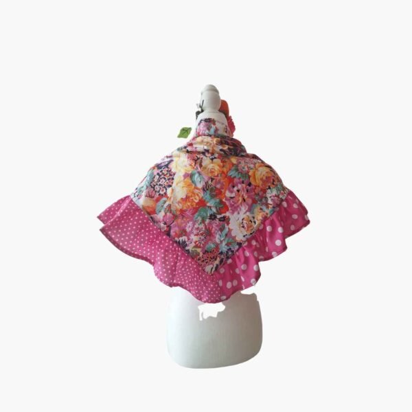 Mantoncillo de Tela Estampada Floral Multicolor con Faralaos de Lunares y Lazo Turquesa - Imagen 2
