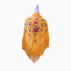 Mantón Amarillo con Bordado Floral Multicolor y Flecos Amarillos