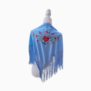 Mantón Flamenco para Niña Azul Claro con Bordado Floral y Flecos