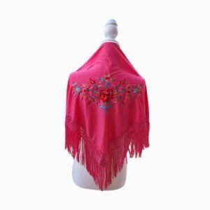 Mantón Flamenco para Niña Fucsia con Bordado Floral y Flecos