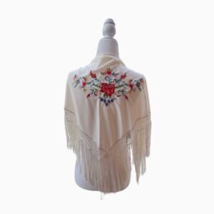 Mantón Flamenco para Niña en Tono Crema con Bordado Floral y Flecos