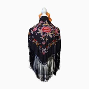Mantón Negro con Bordado Floral Multicolor y Flecos Negros