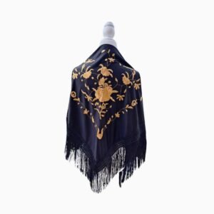 Mantón Negro con Bordado Floral Dorado y Flecos Negros