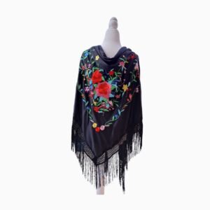 Mantón Negro con Bordado Floral Multicolor y Flecos Negros