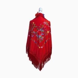 Mantón Rojo con Bordado Floral Multicolor y Flecos Rojos