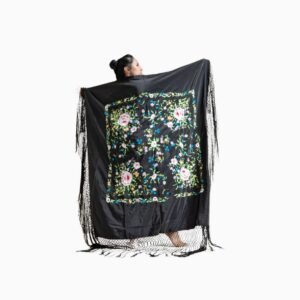 Mantón Negro con Bordado Floral Multicolor y Flecos Rojos