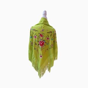 Mantón Verde Lima con Bordado Floral Multicolor y Flecos
