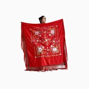 Mantón Rojo con Bordado Floral Multicolor y Flecos Rojos