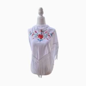 Mantón Flamenco para Niña en Blanco con Bordado Floral y Flecos