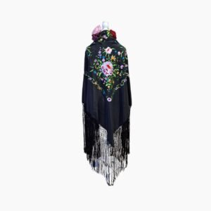 Mantón Negro con Bordado Floral Multicolor y Flecos Negros Extralargos