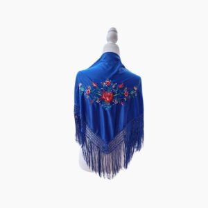 Mantón Flamenco para Niña Azul Eléctrico con Bordado Floral y Flecos